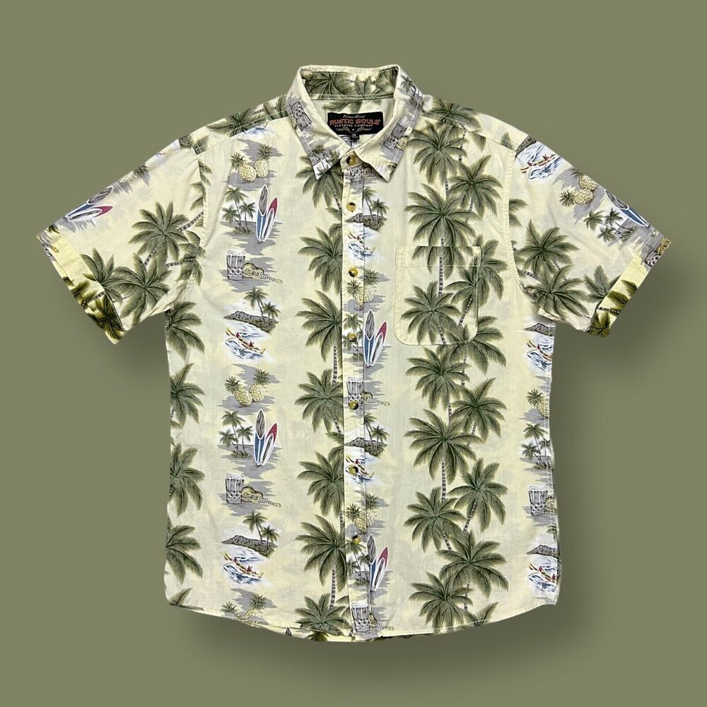 Vintage Hawaiian Shirt Surf Palm Tree Guitar Beach Aloha Button Up 90s Beige